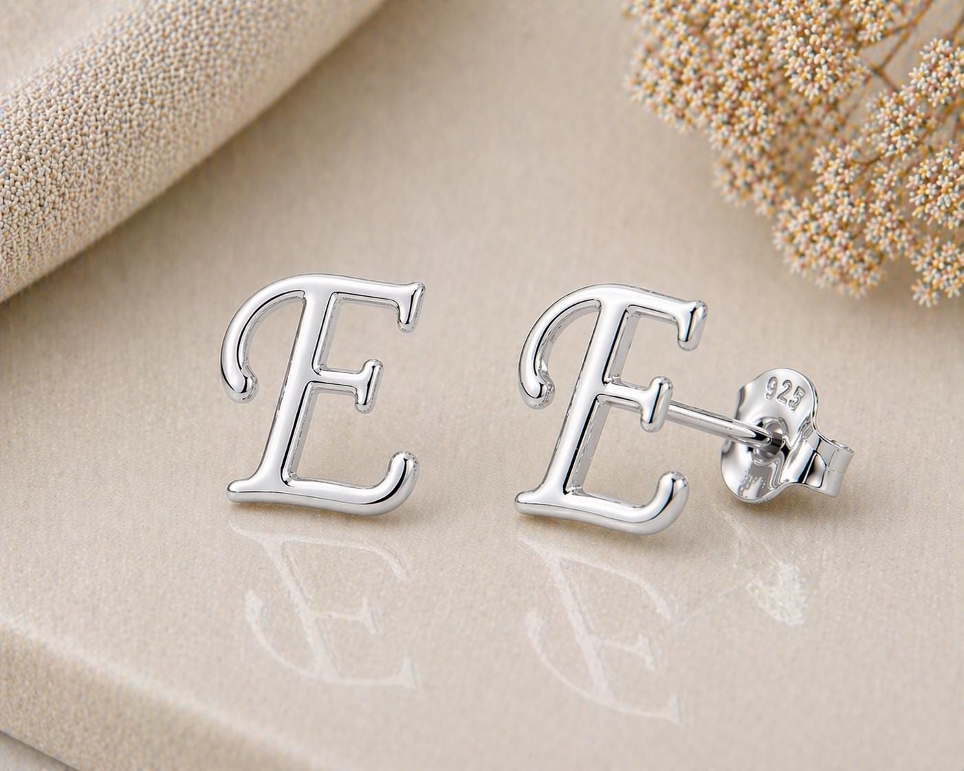 Sterling Silver Initial E Stud Earrings, Minimalist Alphabet Jewelry