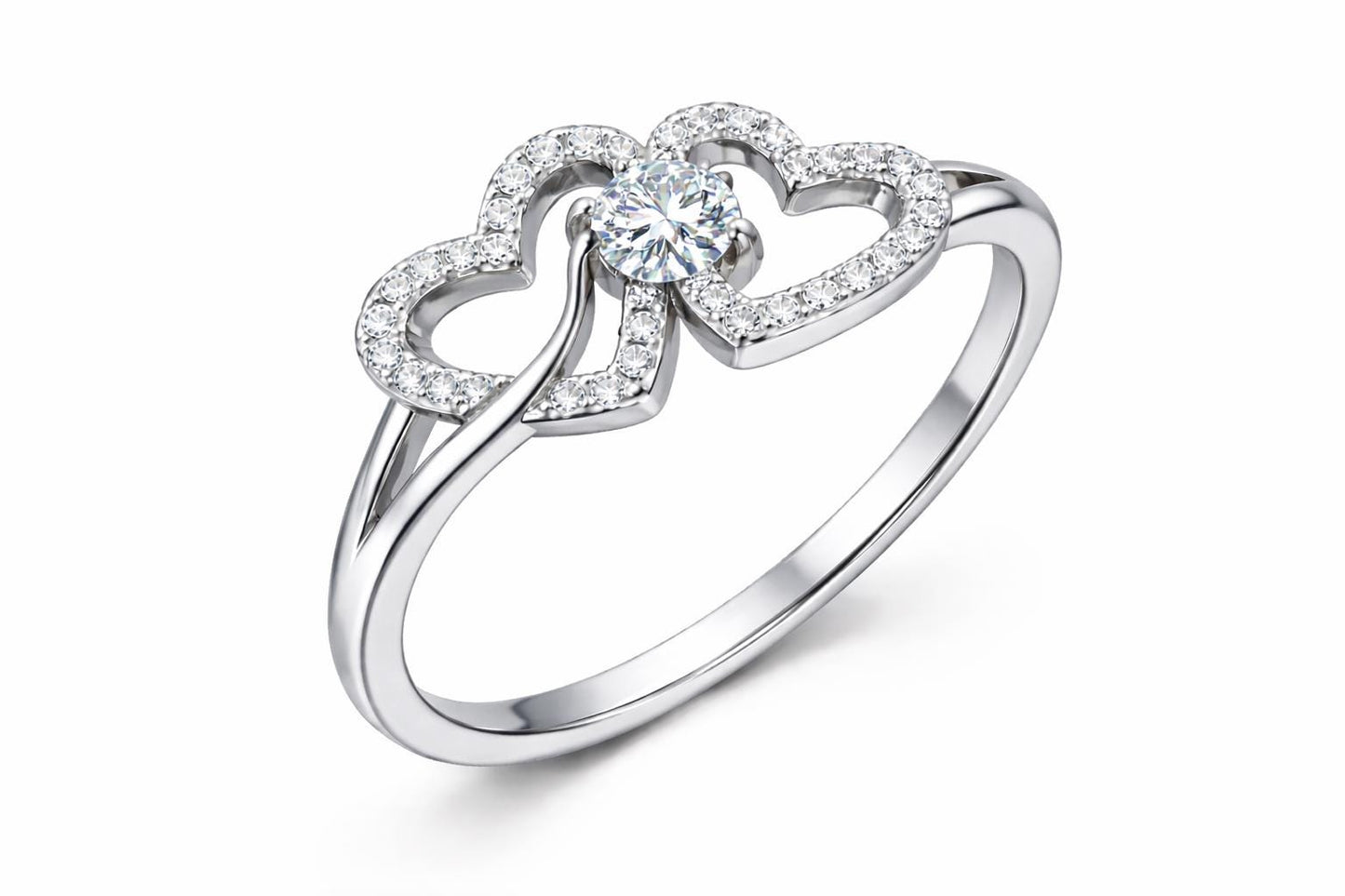 Double Heart Ring, 925 Sterling Silver, CZ Pave, Romantic Promise Engagement Ring