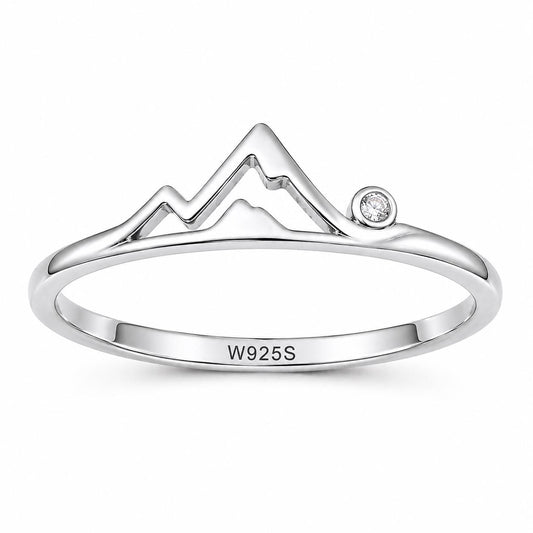 925 Sterling Silver Mountain Ring with CZ Accent, Minimalist Nature Landscape Jewelry