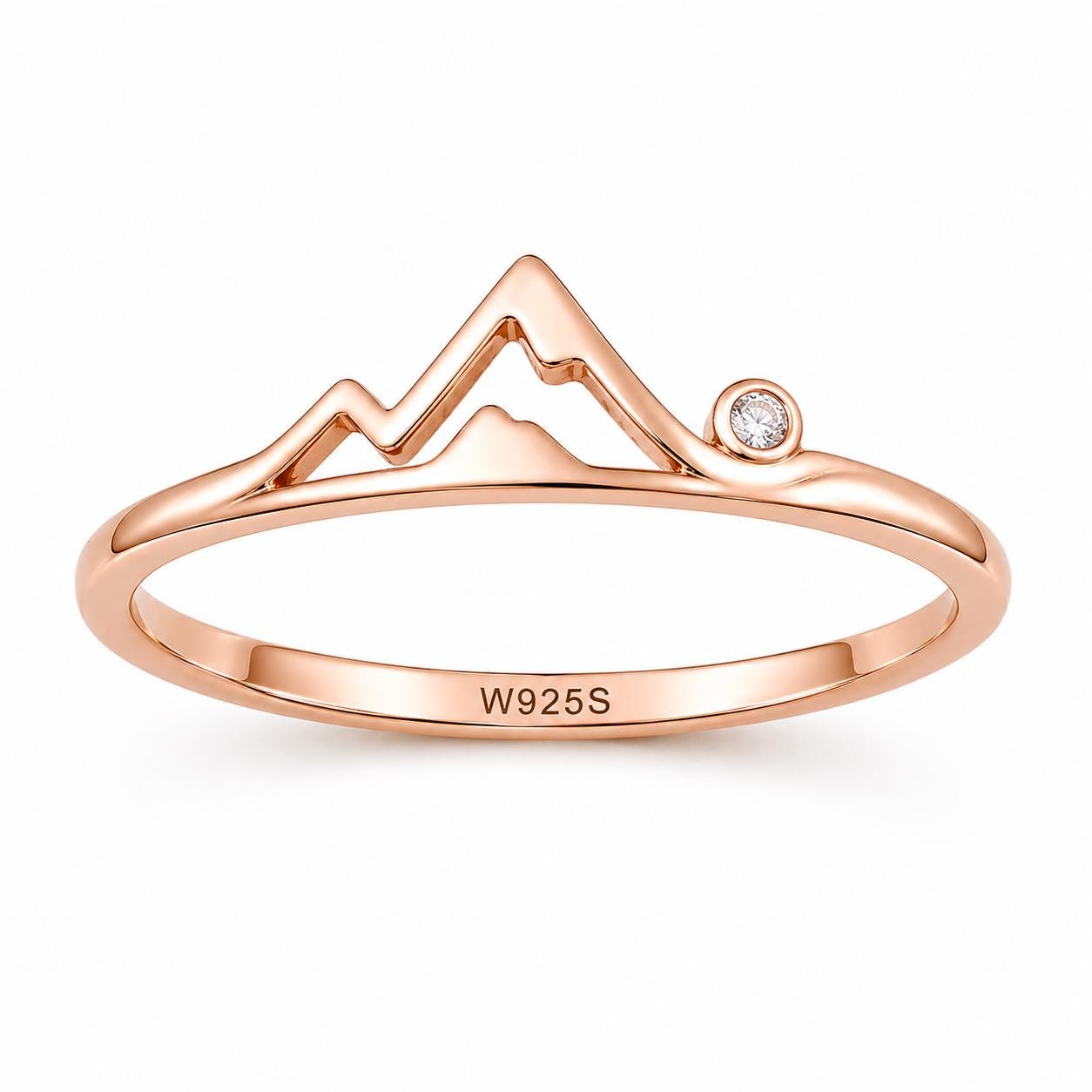 925 Sterling Silver Mountain Ring with CZ Accent, Minimalist Nature Landscape Jewelry