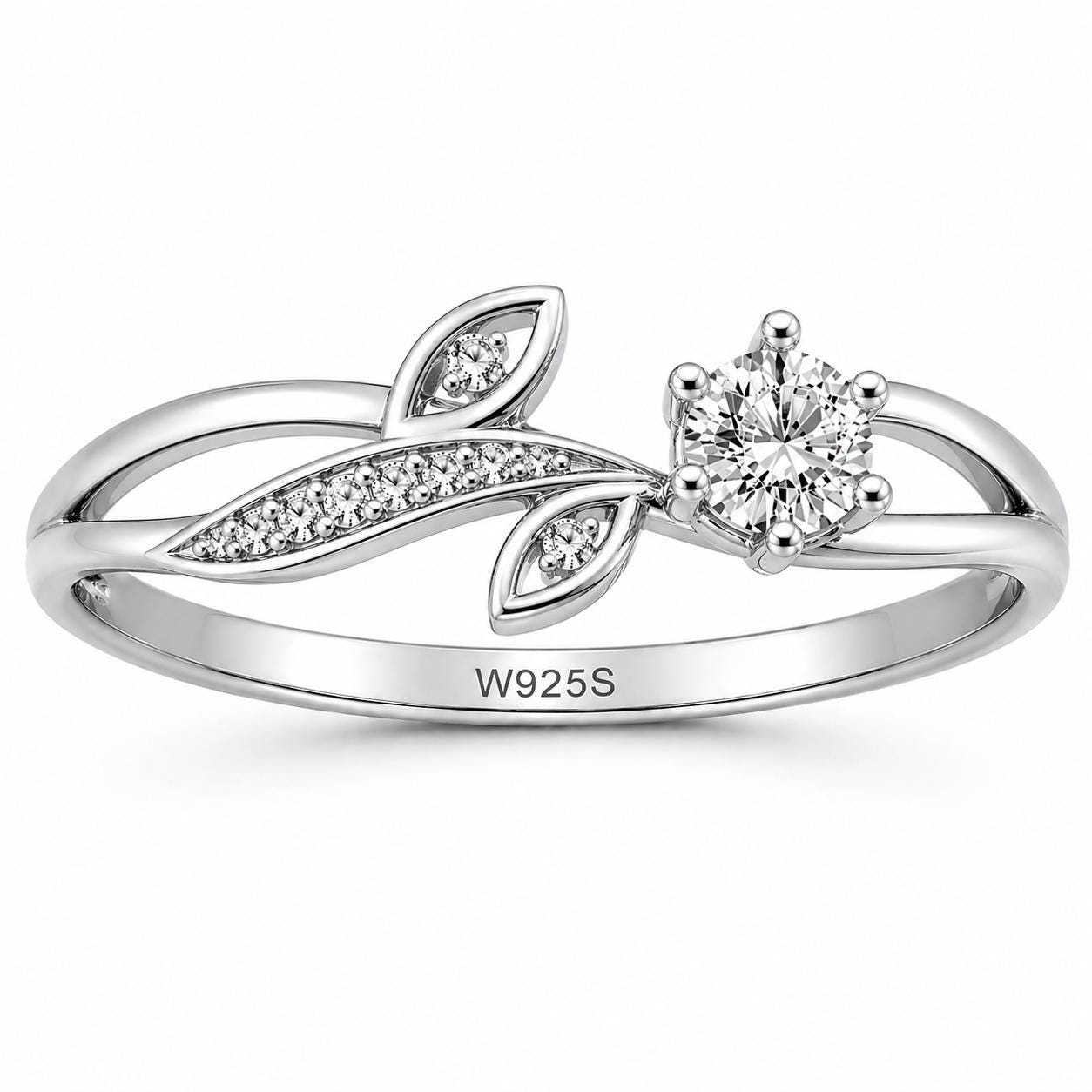Sterling Silver Leaf Ring with CZ, Nature Engagement Promise Ring Her