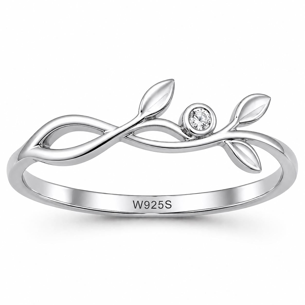 Sterling Silver Infinity Leaf Ring, CZ Nature Vine, Minimalist Promise Ring