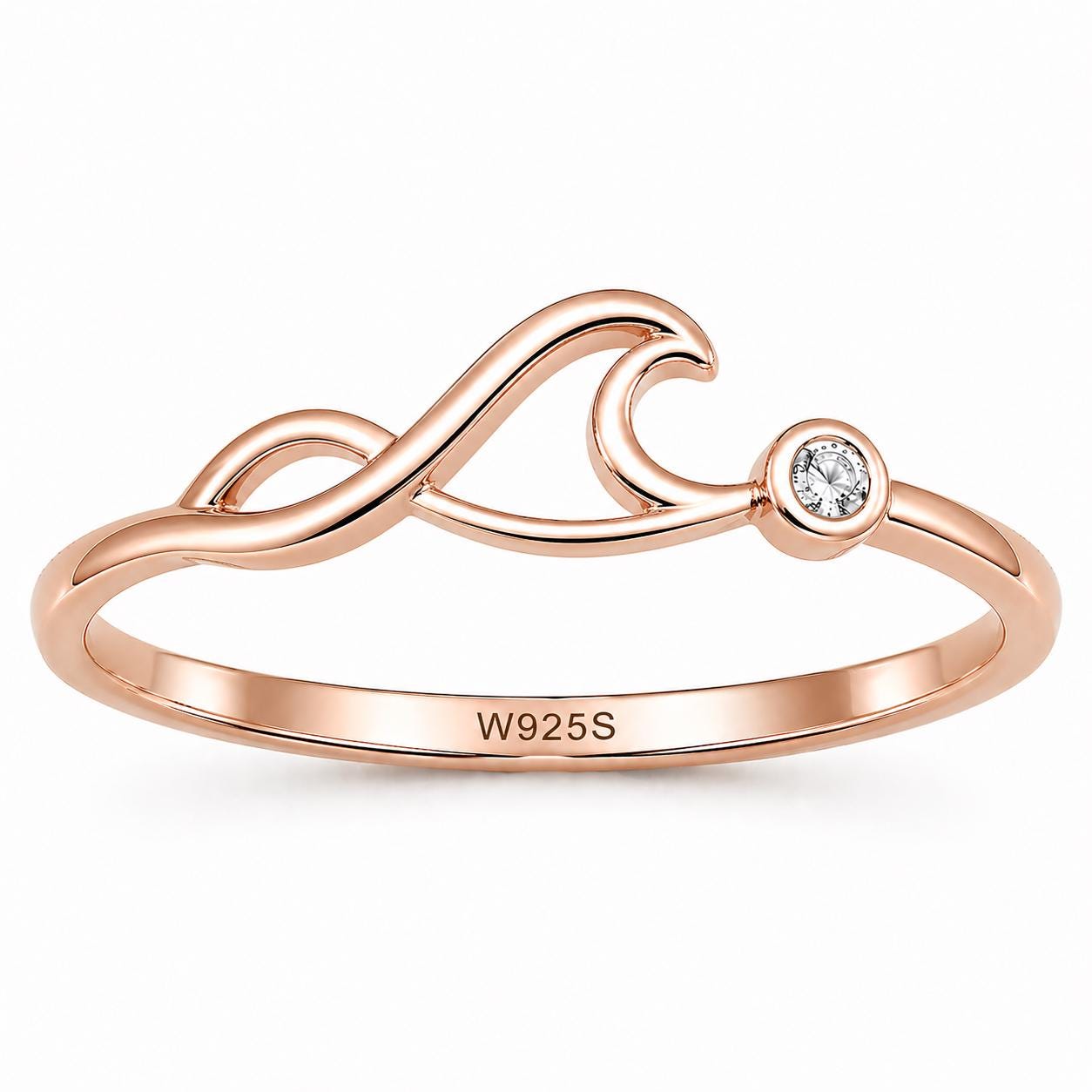 Sterling Silver Wave Ring with Bezel CZ, Minimalist Ocean Nature Inspired Ring