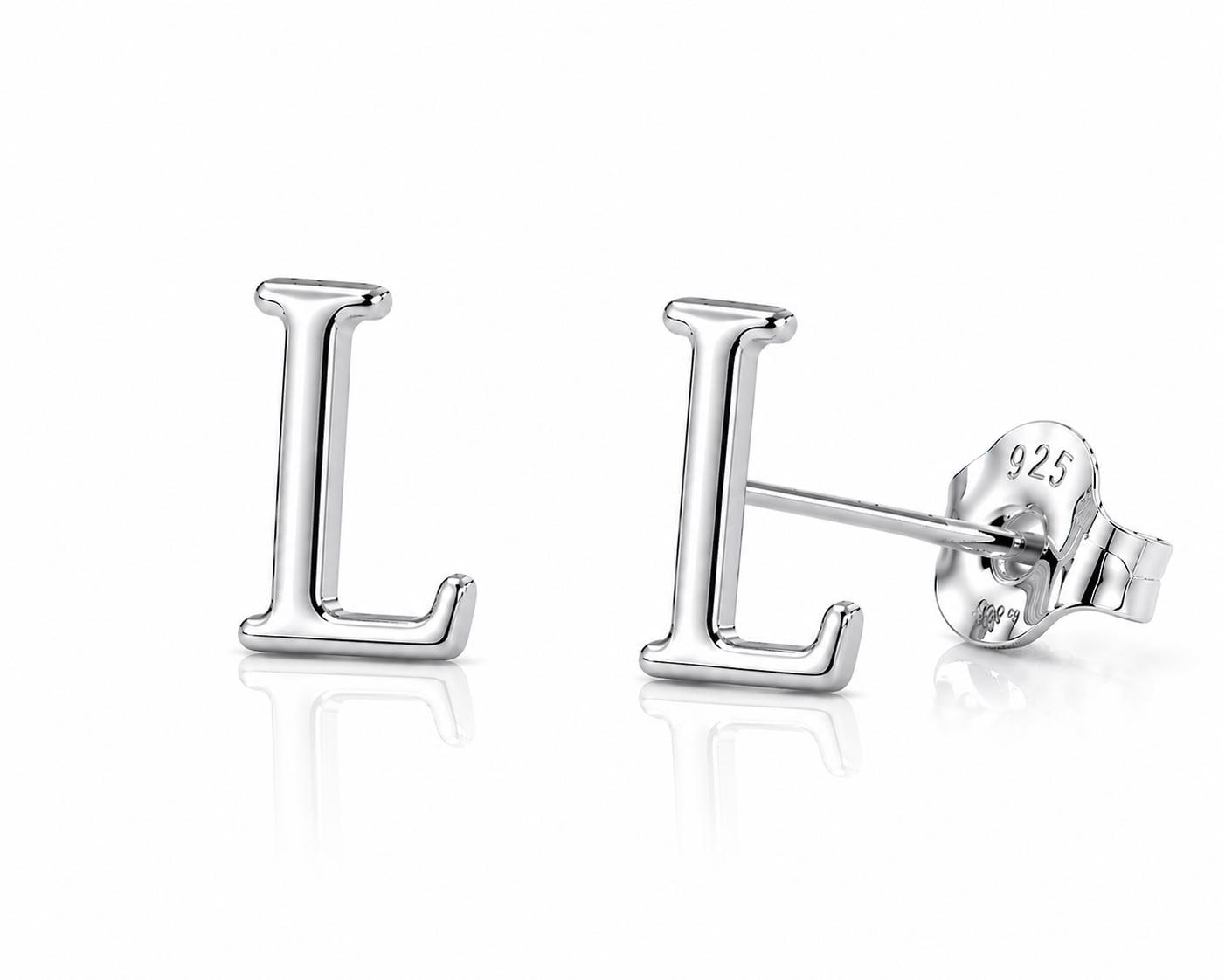 Sterling Silver L Initial Stud Earrings, Minimalist Personalized Name Studs