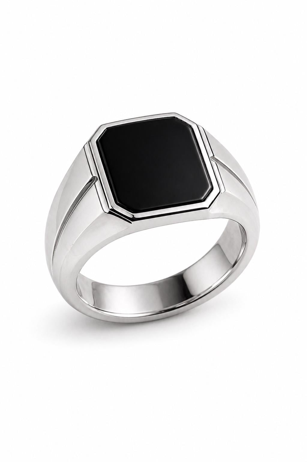925 Sterling Silver Hexagon Black Onyx Signet Ring, Minimalist Statement Band