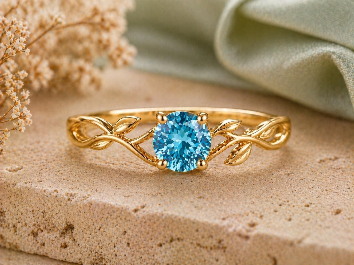 Sterling Silver Swiss Blue Topaz Leaf Vine Ring, Nature Inspired Minimalist Promise Ring