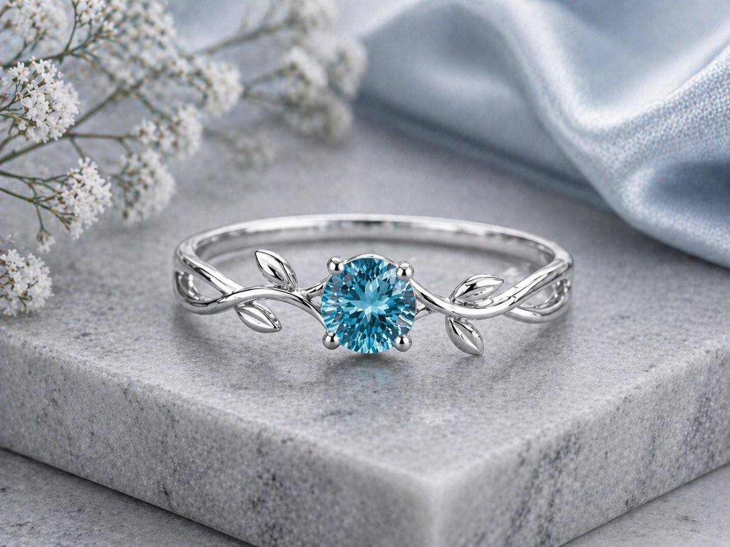 Sterling Silver Swiss Blue Topaz Leaf Vine Ring, Nature Inspired Promise Ring