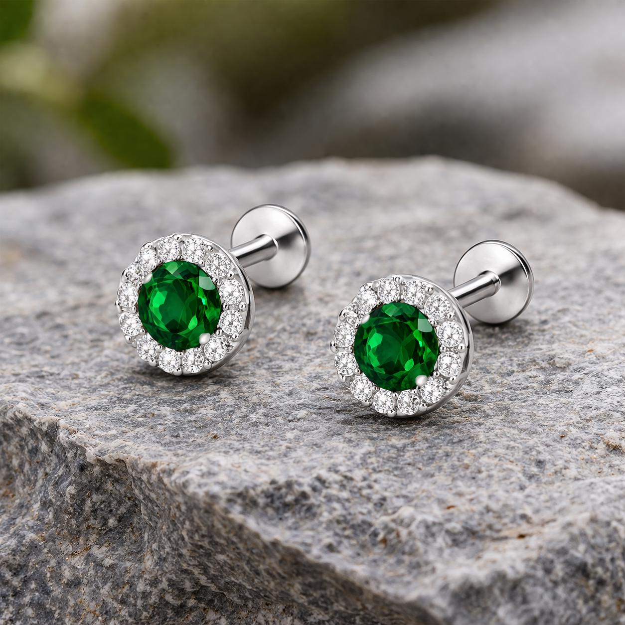 925 Sterling Silver Green CZ Halo Stud Earrings, Dainty Minimal Jewelry