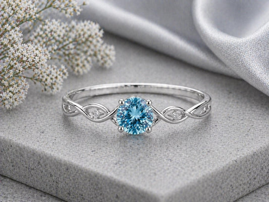Sterling Silver Swiss Blue Topaz Vine Ring, CZ Leaf Nature Engagement Promise