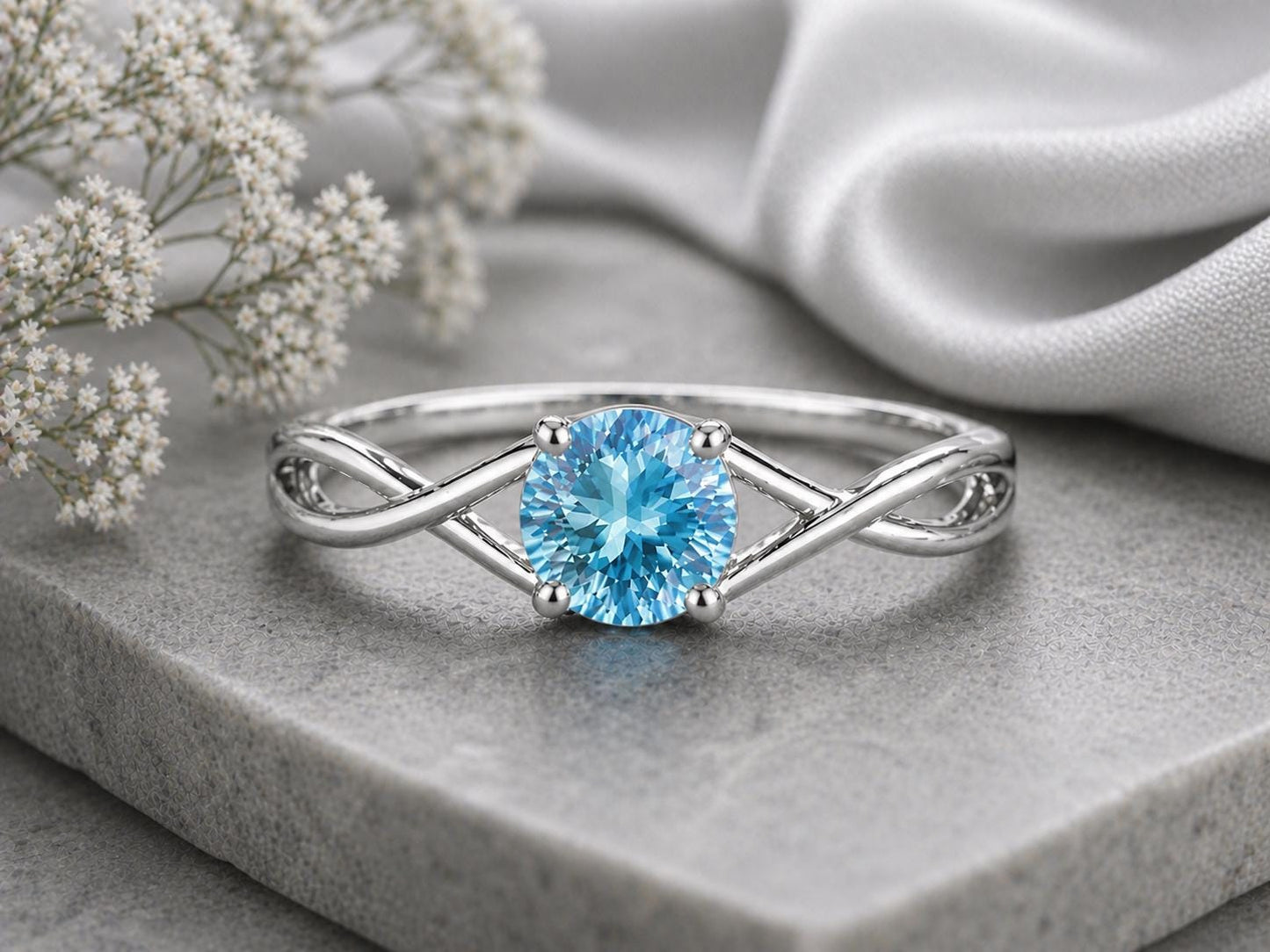 Swiss Blue Topaz Ring, Sterling Silver Infinity Twist Solitaire, Round Cut Gemstone