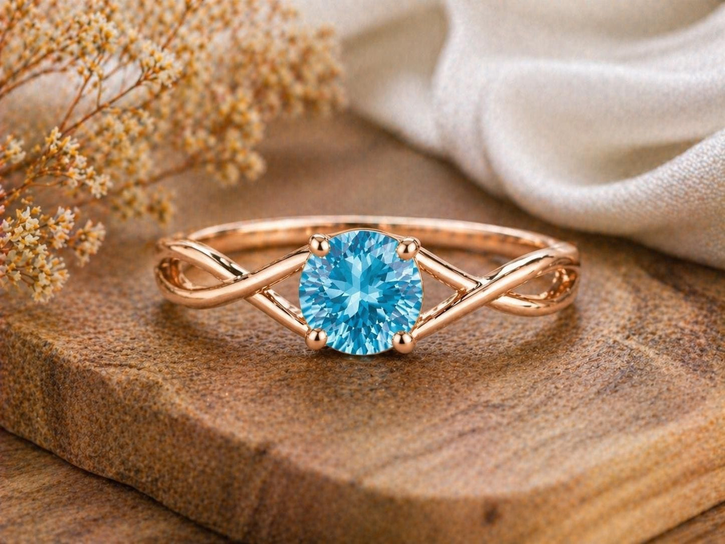 Swiss Blue Topaz Ring, Sterling Silver Infinity Twist Solitaire, Round Cut Gemstone