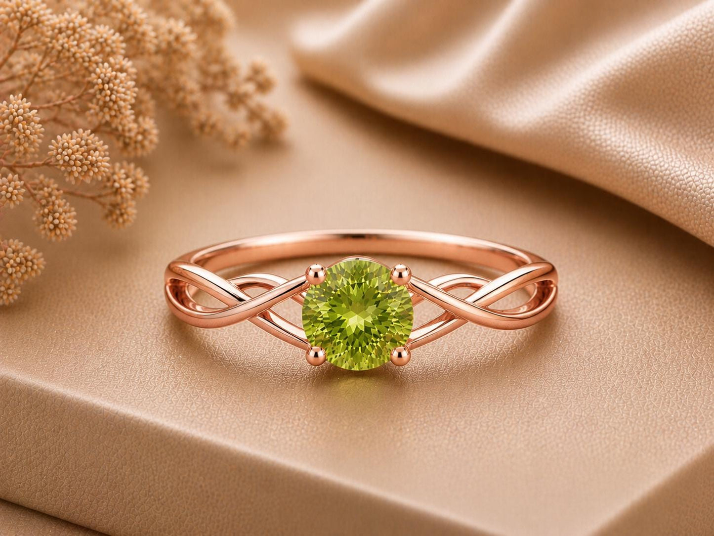 Peridot Infinity Twist Ring, Round Cut Green Stone, August Birthstone, Sterling Silver Promise Ring