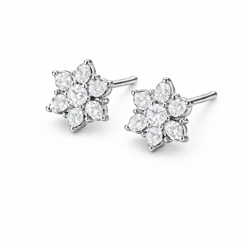 Sterling Silver Snowflake CZ Stud Earrings, Dainty Floral Cluster, Minimalist Sparkle