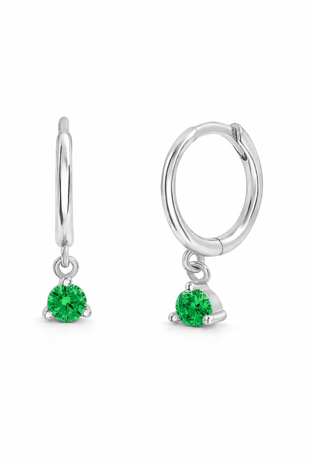 Sterling Silver Emerald CZ Dangle Huggie Earrings, Minimalist May Birthstone Gift