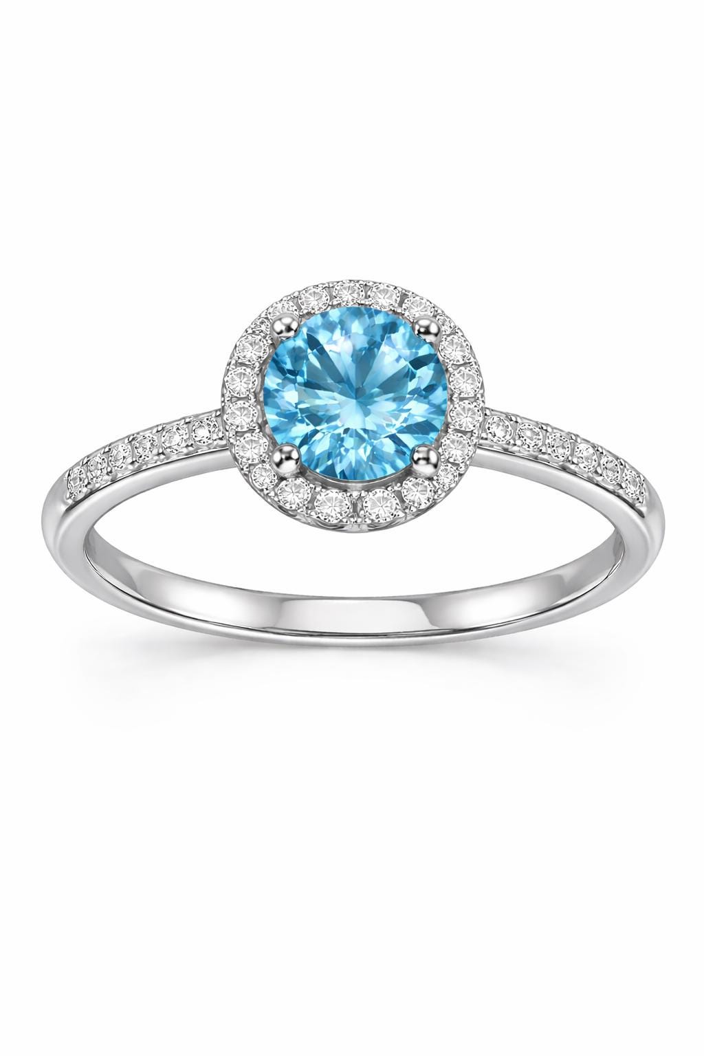 Sterling Silver Swiss Blue Topaz Halo Ring, Dainty Promise Engagement Ring