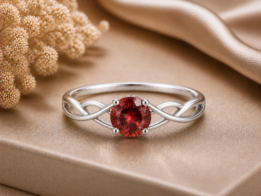 Garnet Infinity Twist Ring, 925 Sterling Silver, Round Red Stone, January Birthstone