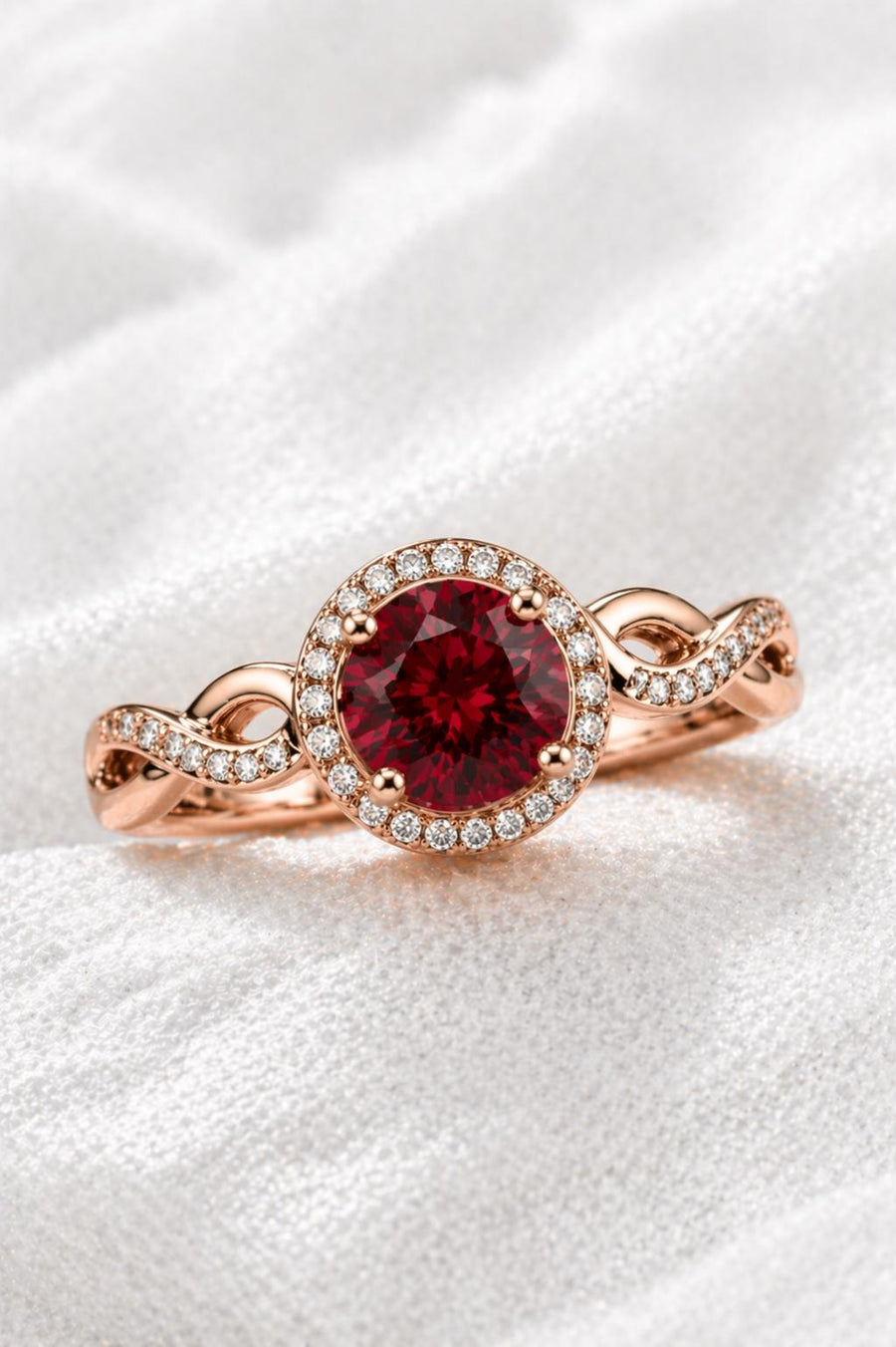 Sterling Silver Garnet Halo Ring, January Birthstone, Infinity Twist Band, CZ Accents