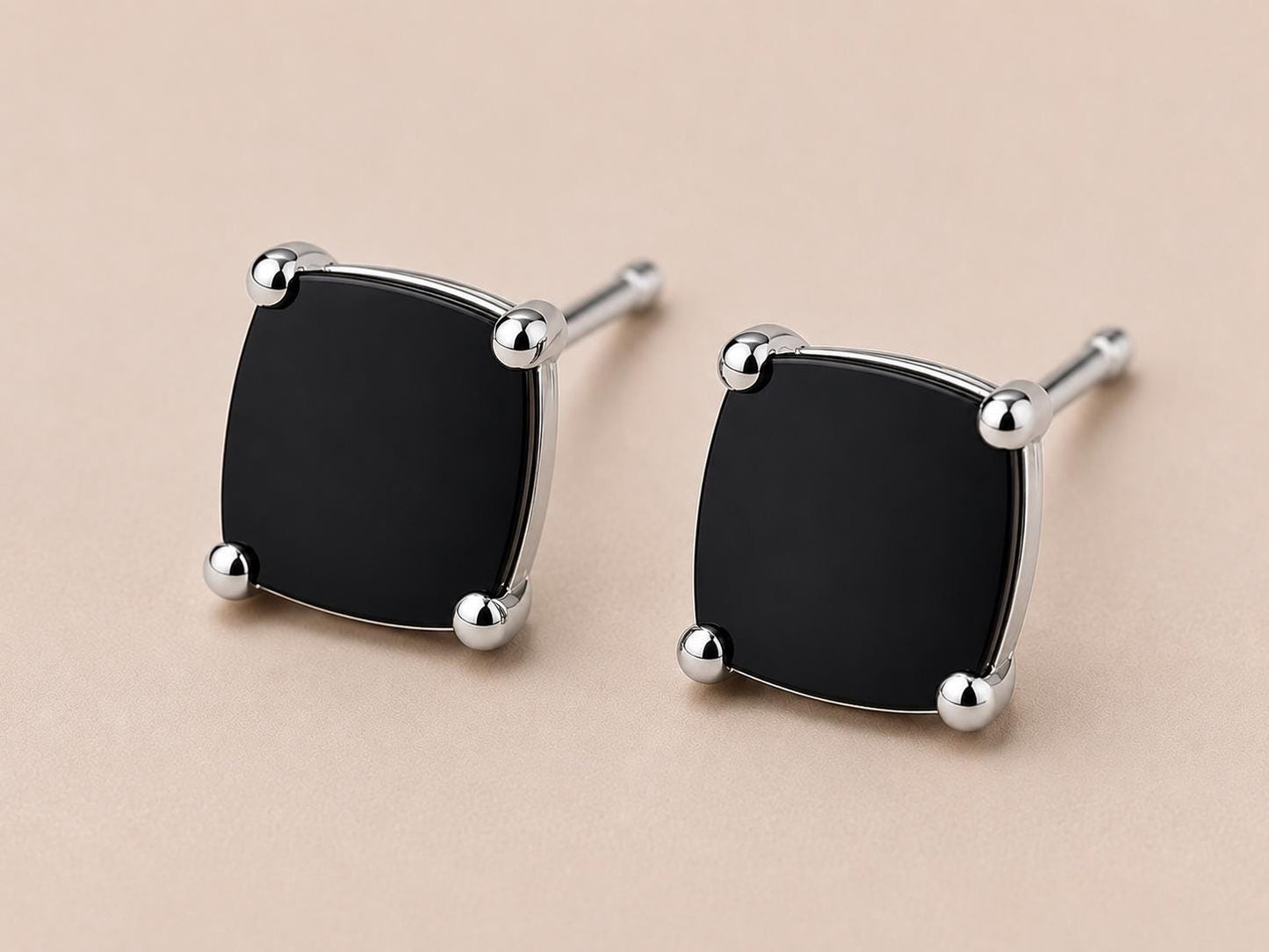 Black Onyx Cushion Cut Solitaire Stud Earrings, 925 Sterling Silver Minimalist Earrings