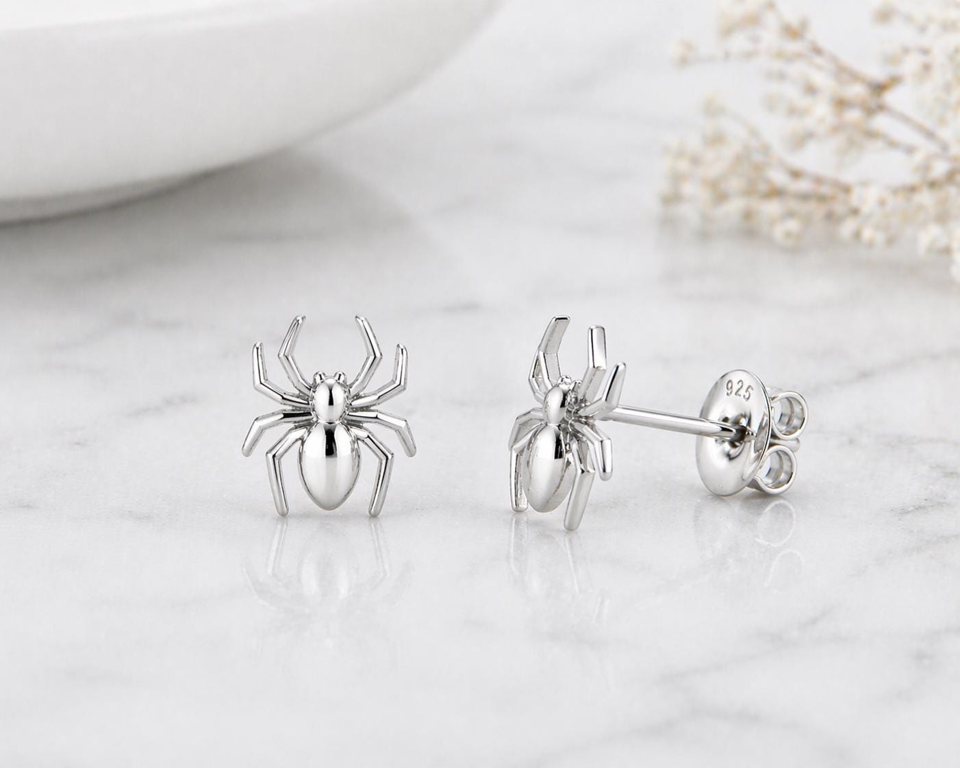 Sterling Silver Minimalist Spider Stud Earrings, Gothic Halloween Jewelry