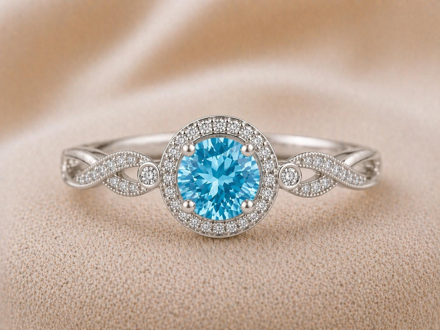 Sterling Silver Swiss Blue Topaz Halo Ring, Vintage Infinity Band, December Birthstone