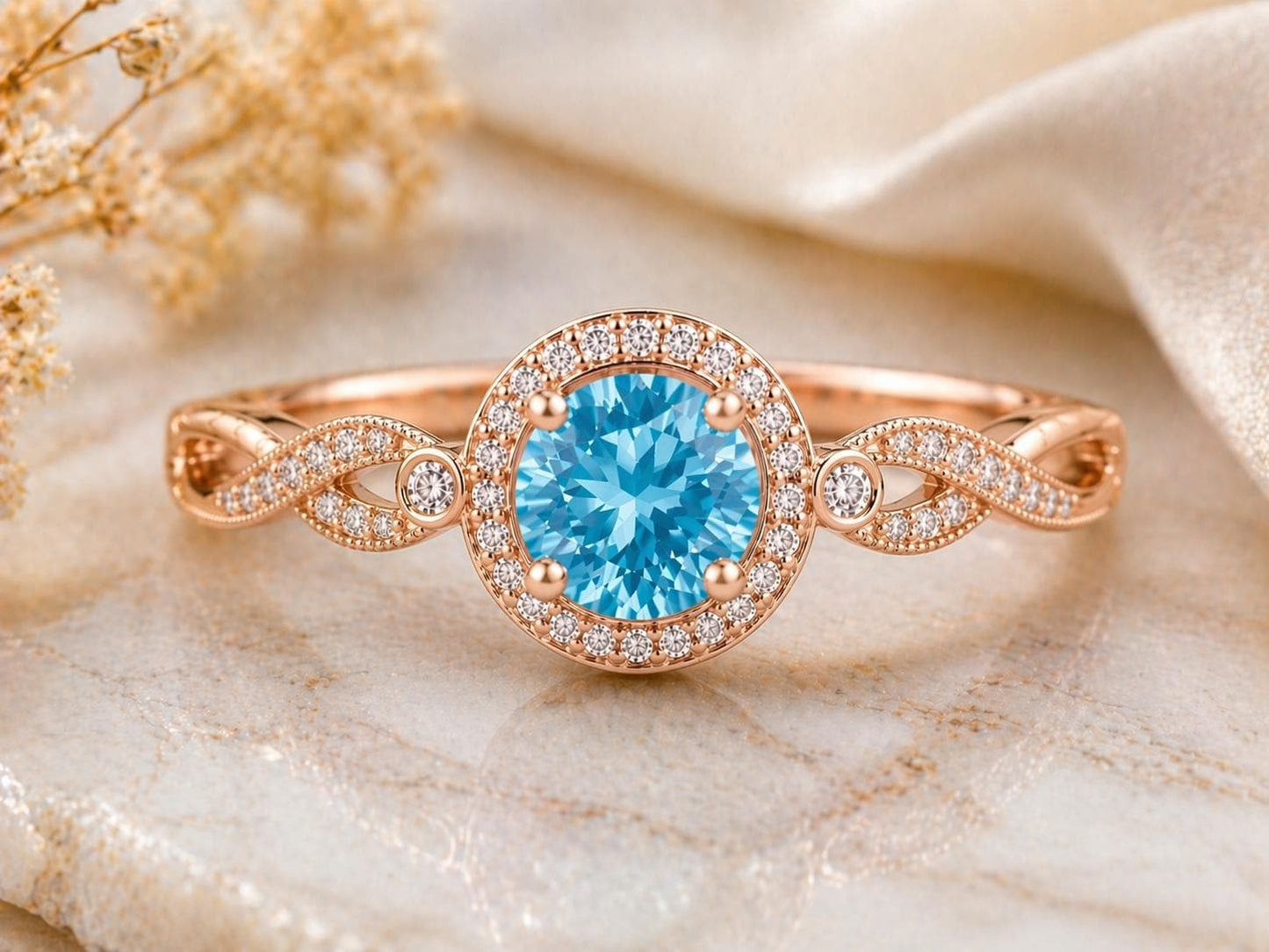 Sterling Silver Swiss Blue Topaz Halo Ring, Vintage Infinity Band, December Birthstone