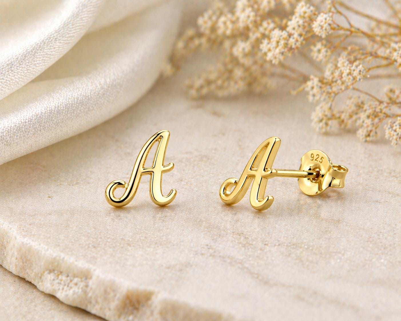 Sterling Silver Initial A Stud Earrings, Cursive Alphabet Minimalist Jewelry