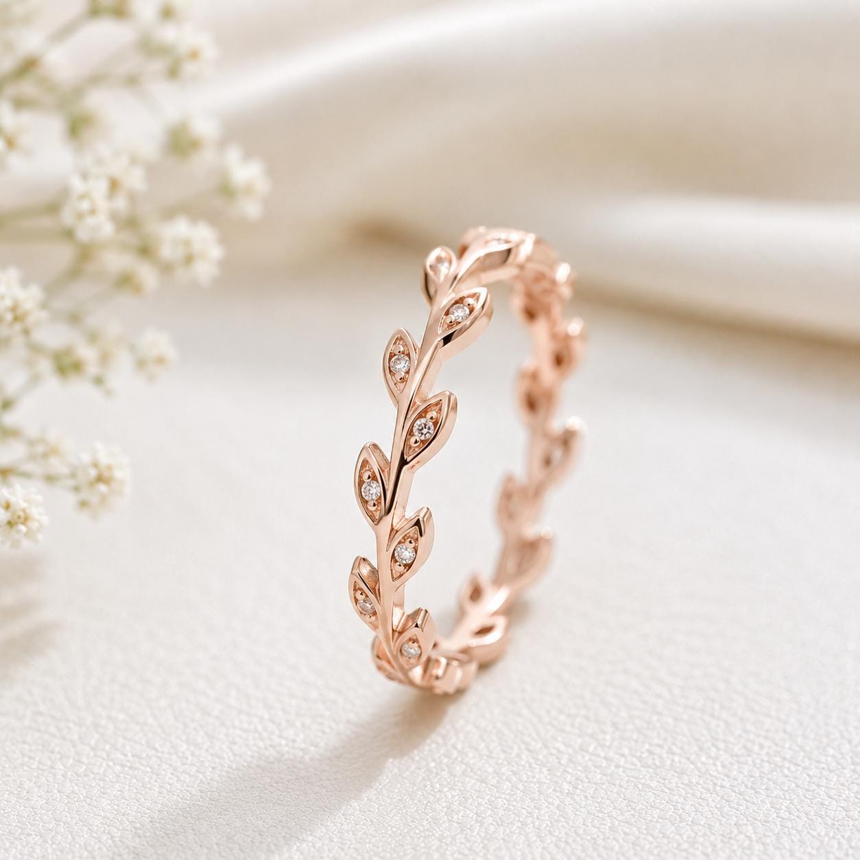 925 Sterling Silver Leaf Eternity Ring, CZ Accented Botanical Vine Band