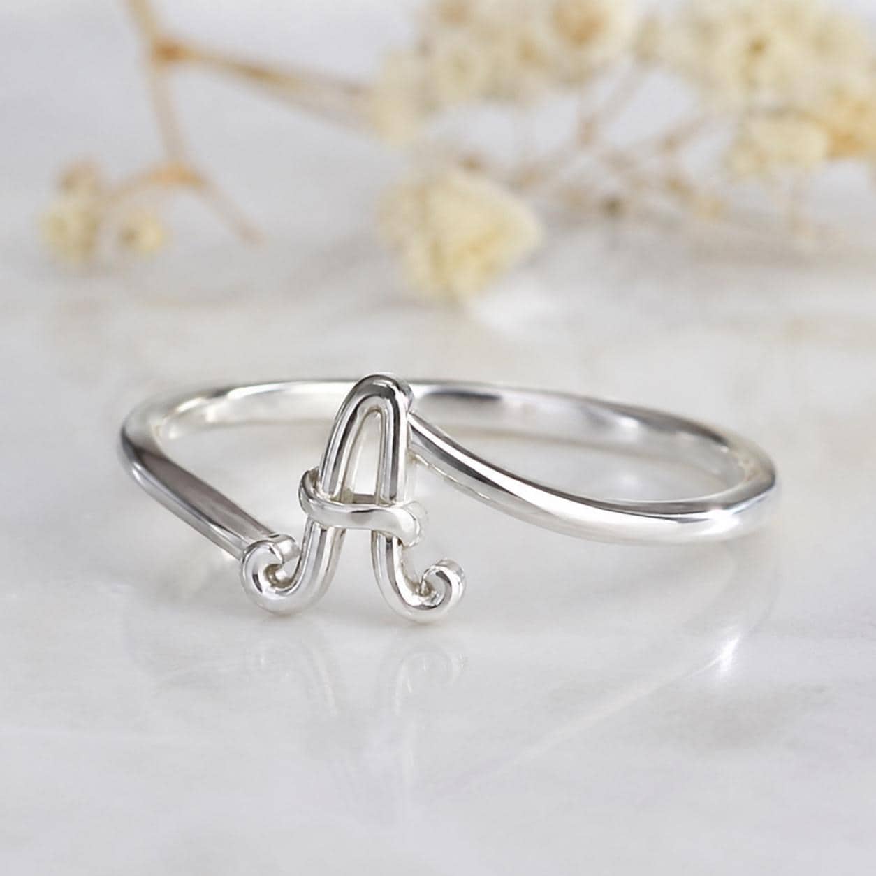 Sterling Silver Initial A Ring, Minimalist Cursive Alphabet Band, Stackable Name Jewelry
