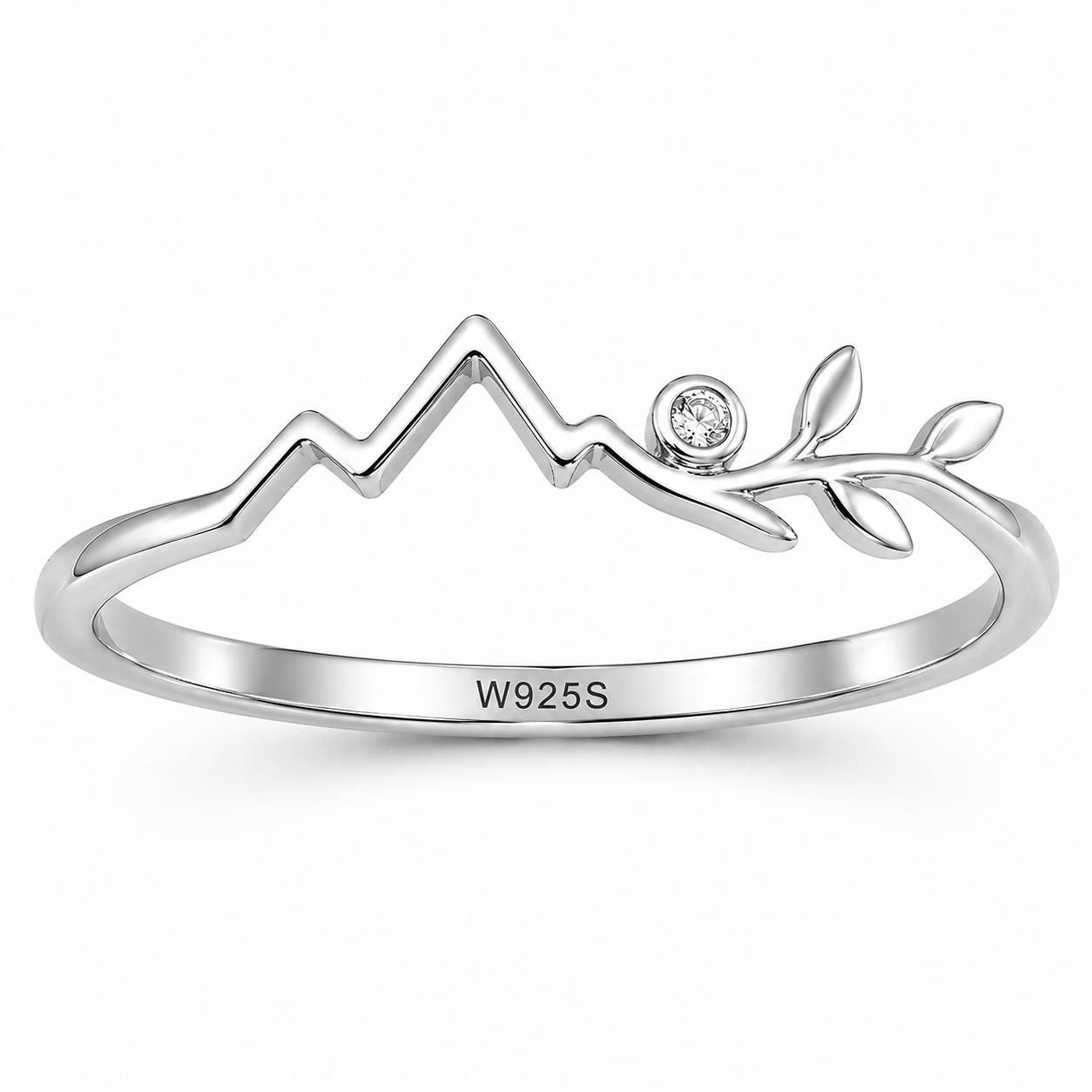 Sterling Silver Mountain Leaf Ring with CZ, Nature Inspired Minimalist Adventure Jewelry