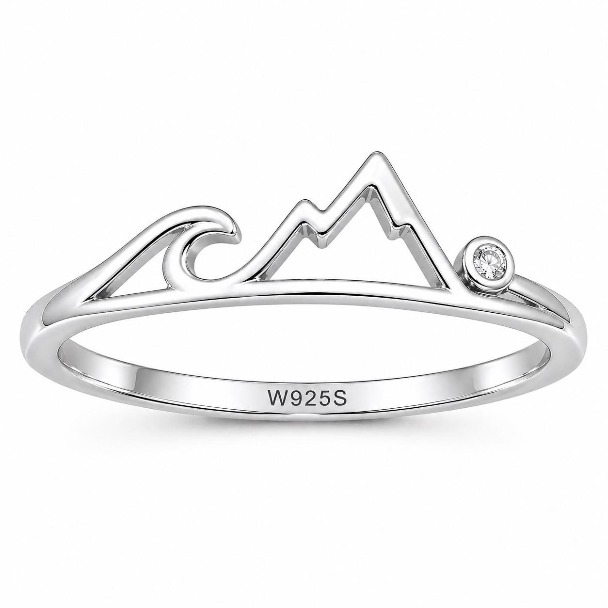 Sterling Silver Mountain Wave Ring with CZ, Minimalist Nature Adventure Jewelry