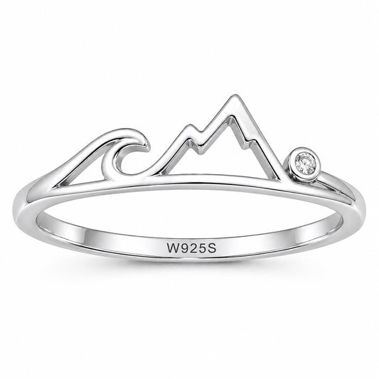 Sterling Silver Mountain Wave Ring with CZ, Minimalist Nature Adventure Jewelry
