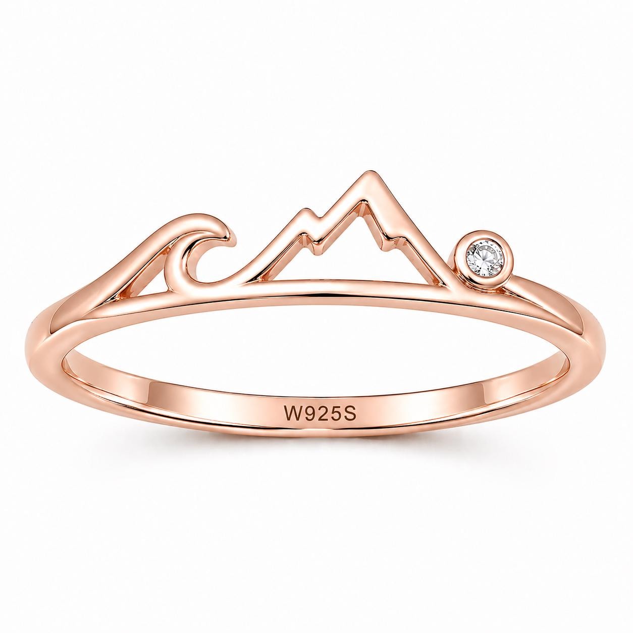 Sterling Silver Mountain Wave Ring with CZ, Minimalist Nature Adventure Jewelry