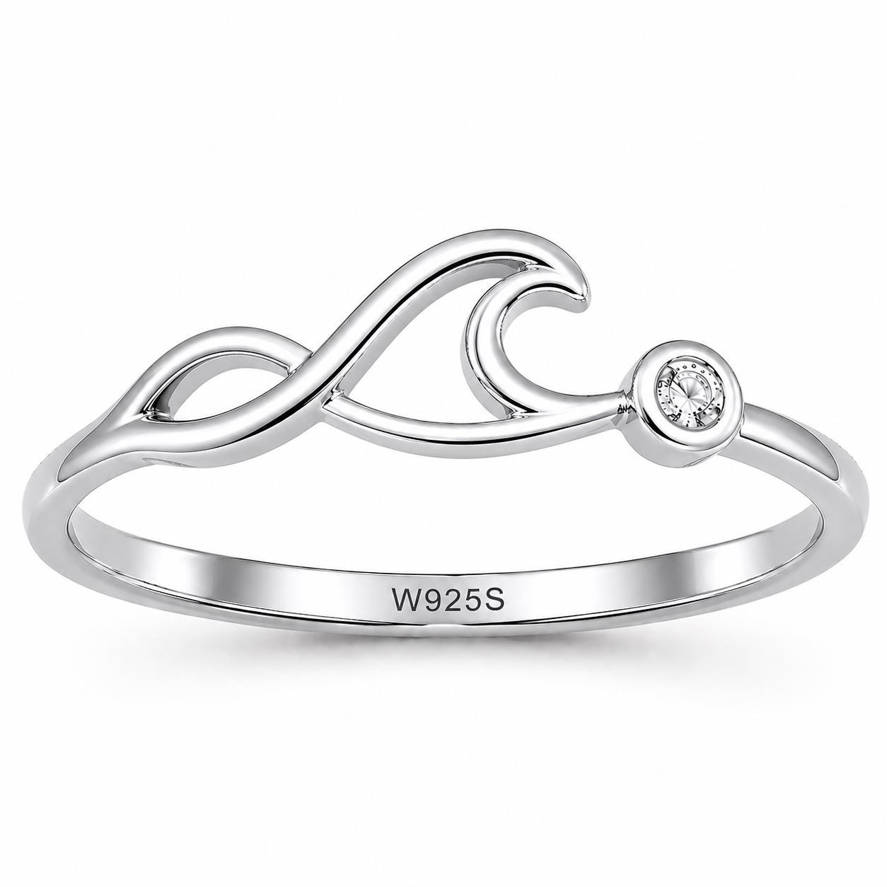 Sterling Silver Wave Ring with Bezel CZ, Minimalist Ocean Nature Inspired Ring