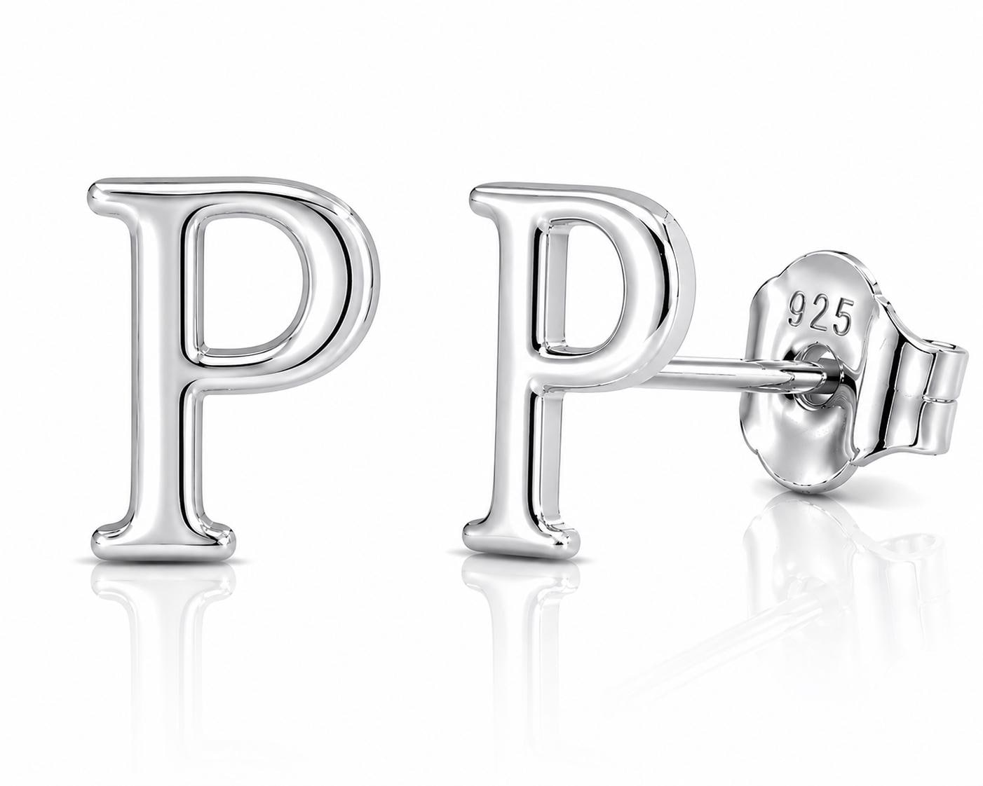 925 Sterling Silver P Initial Stud Earrings, Minimalist Personalized Name Studs