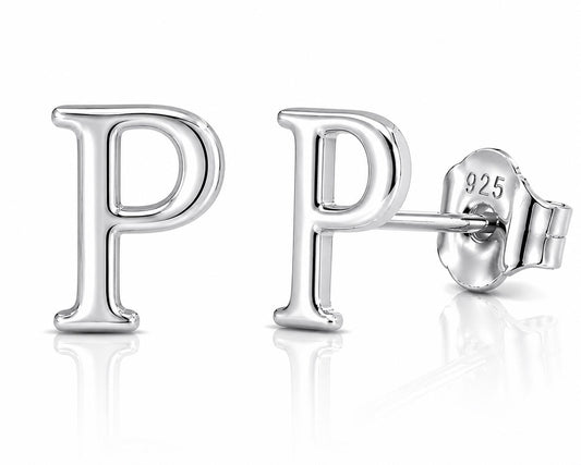 925 Sterling Silver P Initial Stud Earrings, Minimalist Personalized Name Studs