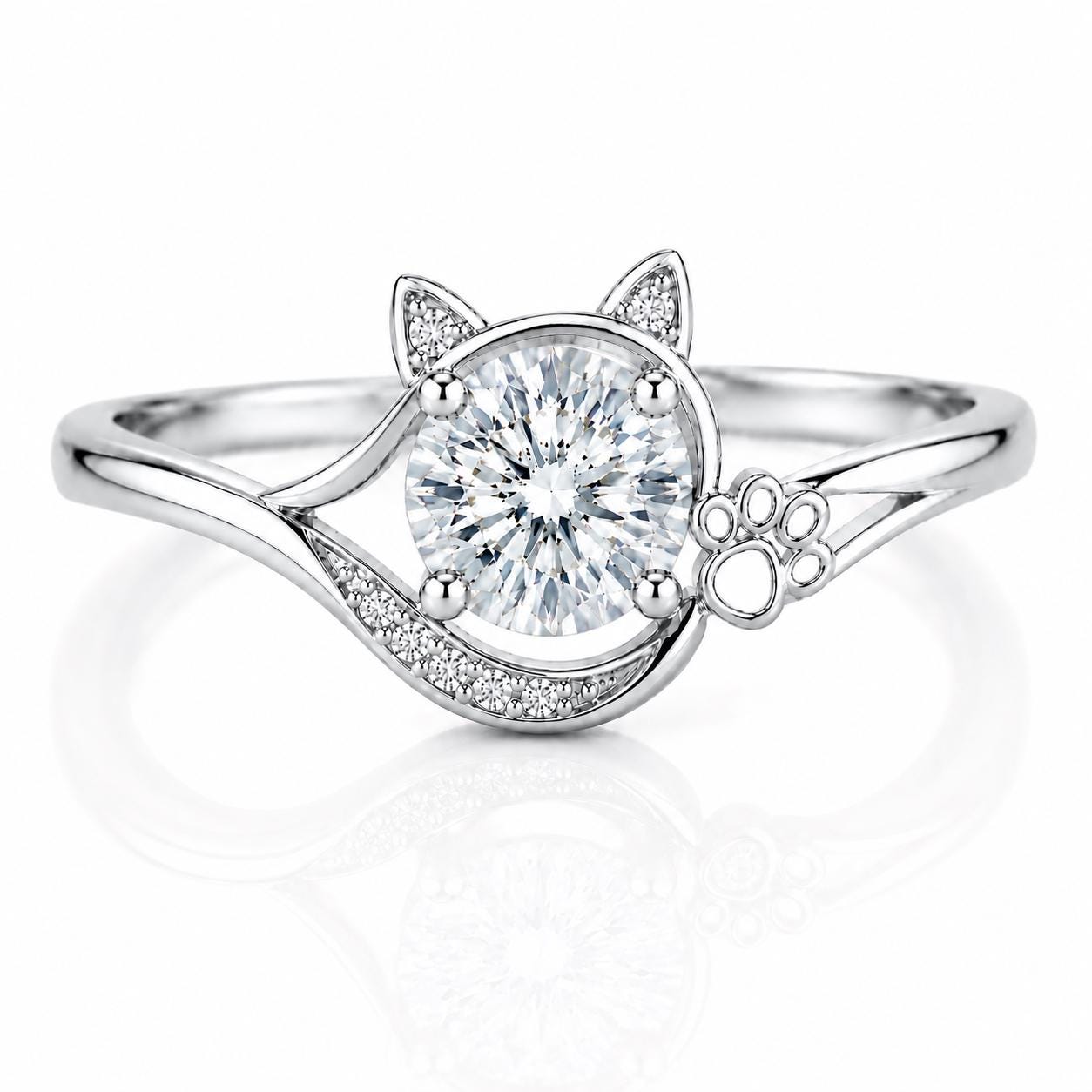 Sterling Silver Cat Paw Ring, Round CZ, Animal Lover Promise Ring