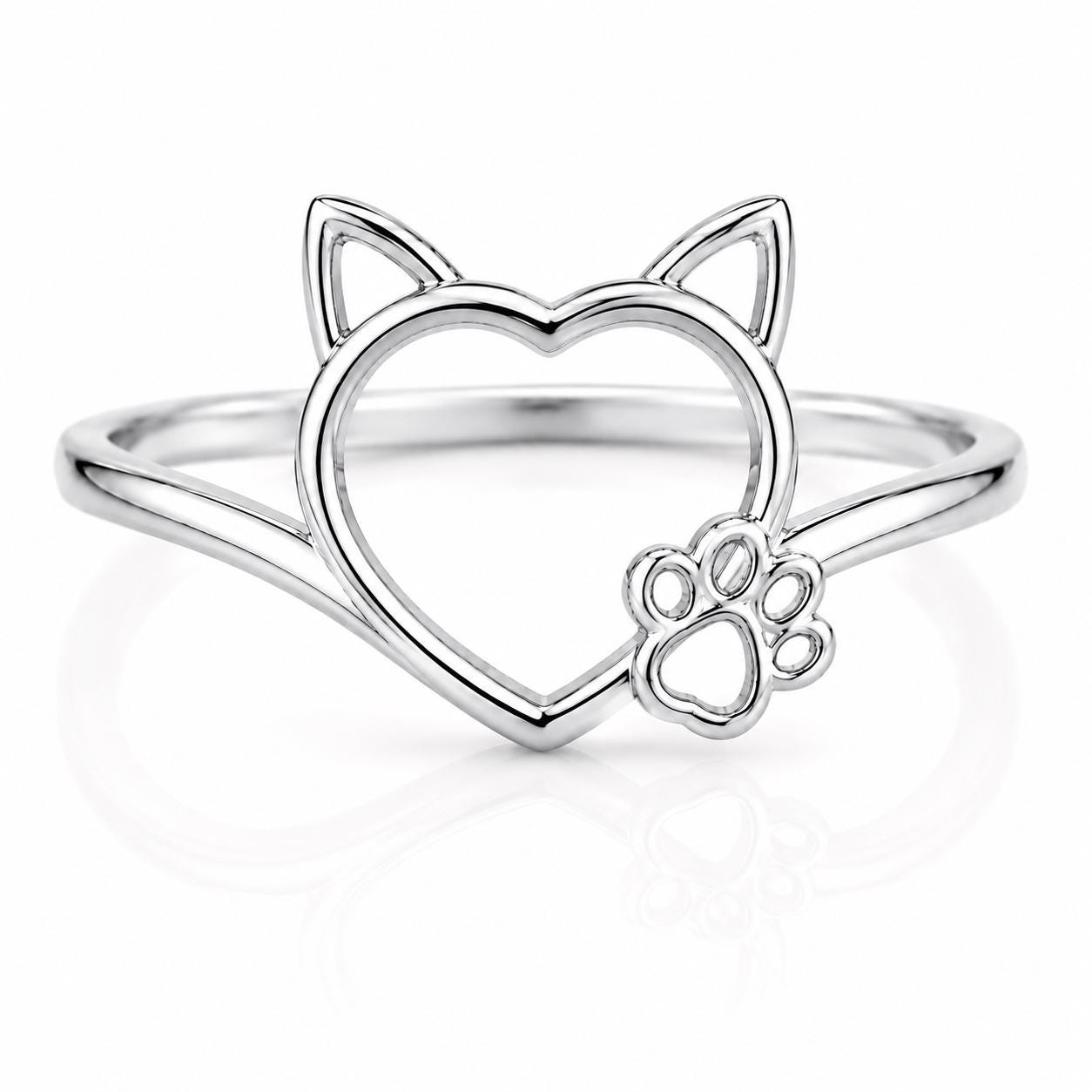 Sterling Silver Cat Heart Ring, Minimalist Paw Print Animal Lover Jewelry