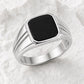 925 Sterling Silver Black Onyx Signet Ring, Engraved Band, Minimalist Statement Jewelry