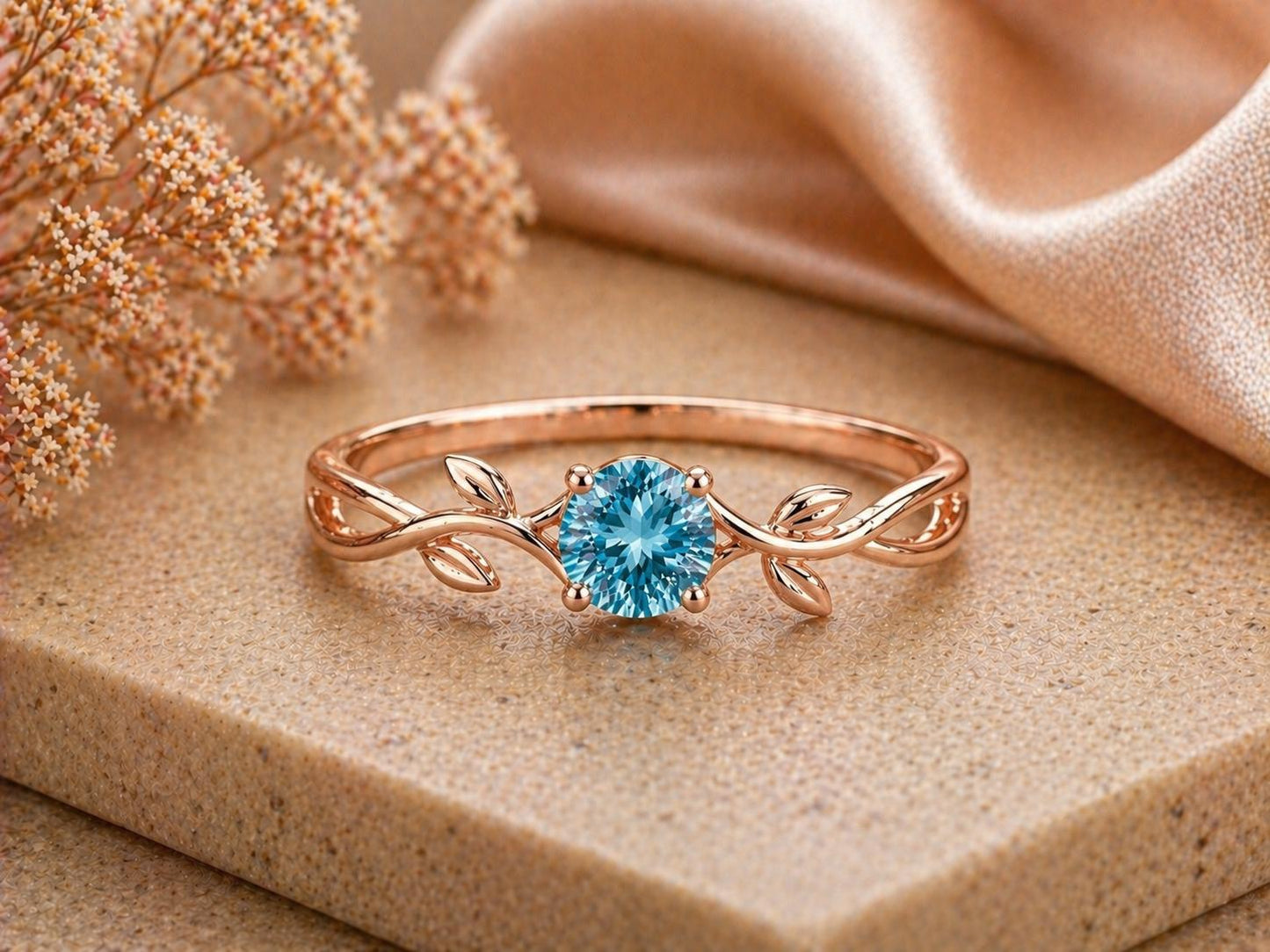 Sterling Silver Swiss Blue Topaz Leaf Vine Ring, Nature Inspired Promise Ring