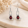 Sterling Silver Garnet Cat Dangle Earrings, Pear Cut Gemstone Animal Jewelry