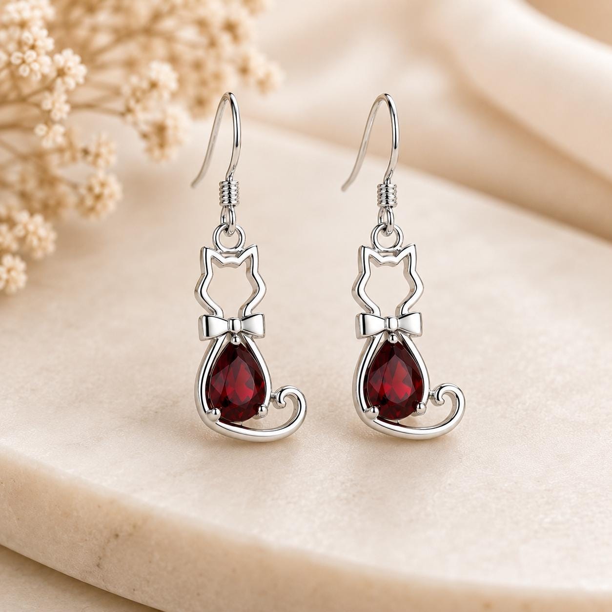 Sterling Silver Garnet Cat Dangle Earrings, Pear Cut Gemstone Animal Jewelry