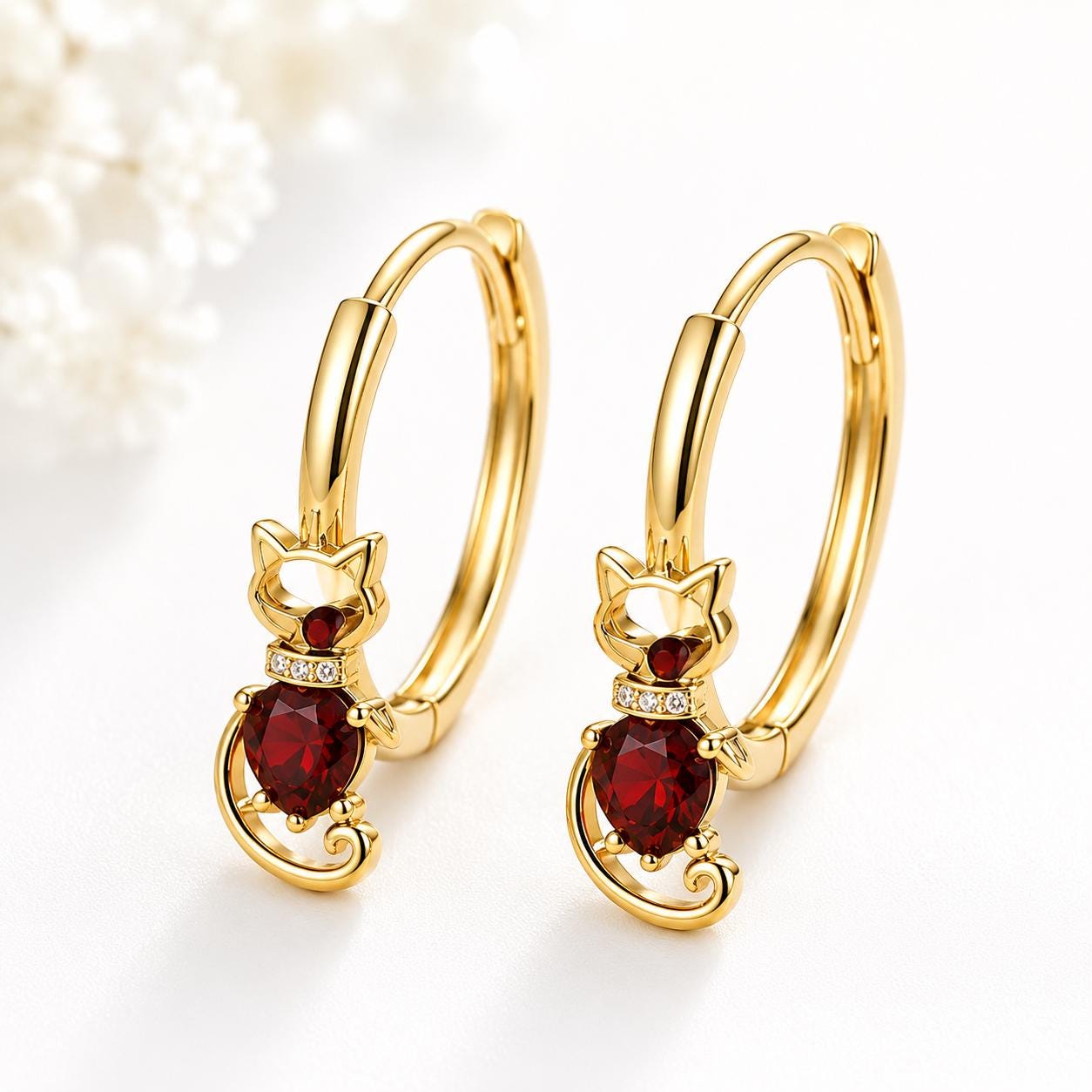 Sterling Silver Garnet Cat Hoop Earrings, Pear Cut Drop Hoops, Animal Lover Jewelry