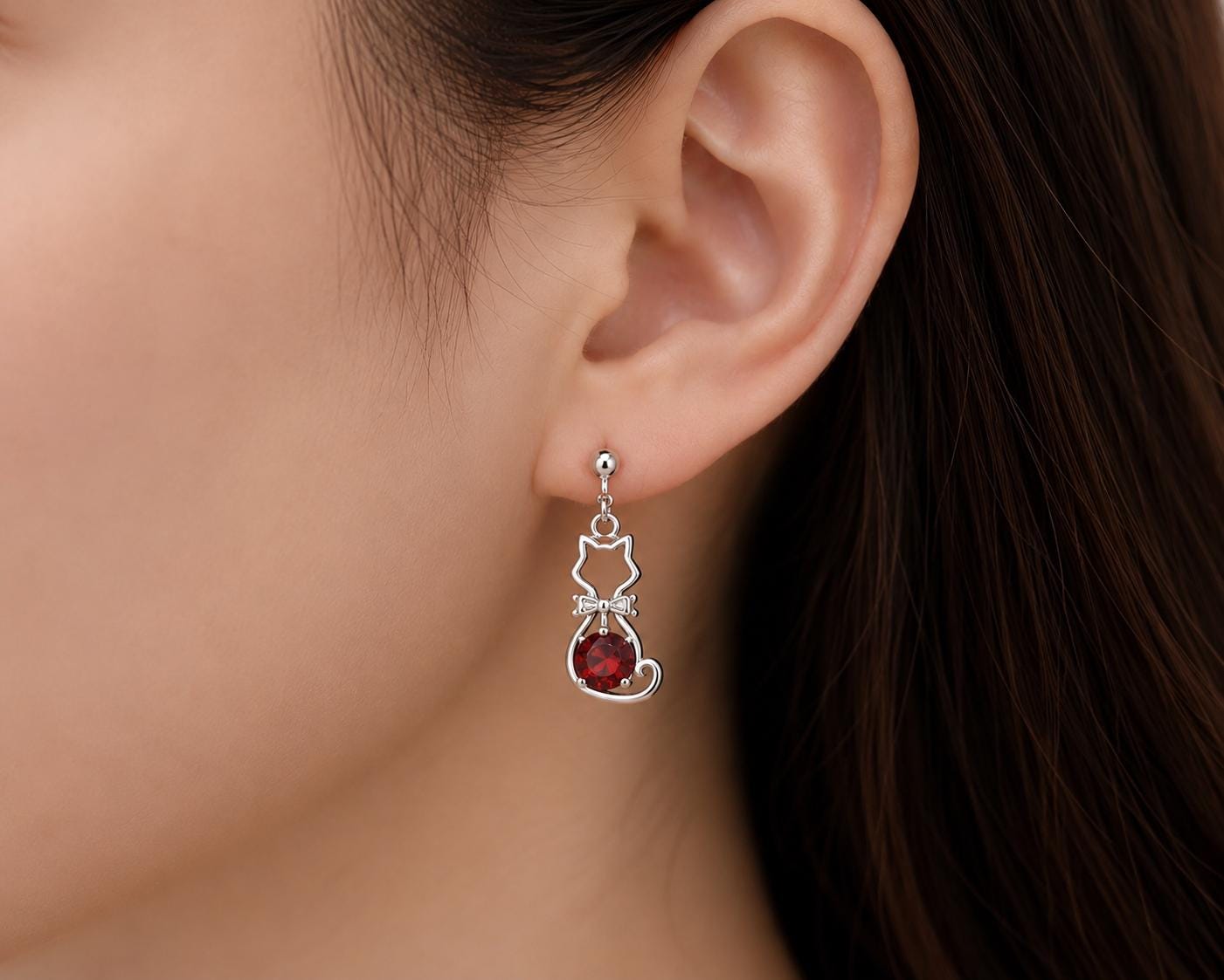 Sterling Silver Garnet Cat Dangle Earrings, Animal Silhouette Jewelry, Pet Lover Gift