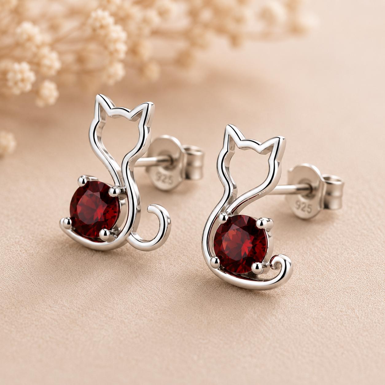 Sterling Silver Garnet Cat Stud Earrings, Minimalist Animal Jewelry, Round Red Gemstone