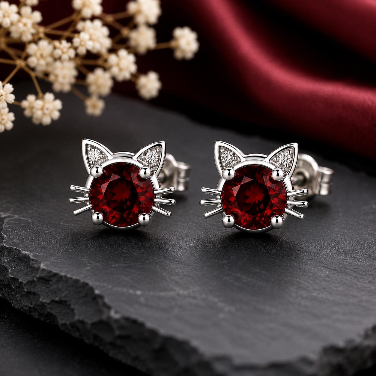 Sterling Silver Garnet Cat Stud Earrings, Animal Lover Jewelry Gift