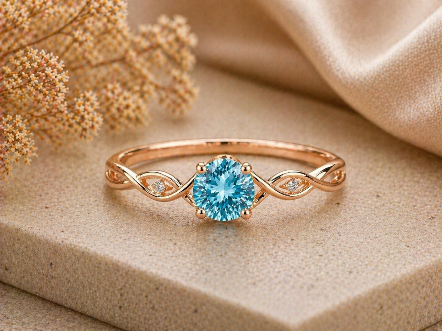 Sterling Silver Swiss Blue Topaz Vine Ring, CZ Leaf Nature Engagement Promise