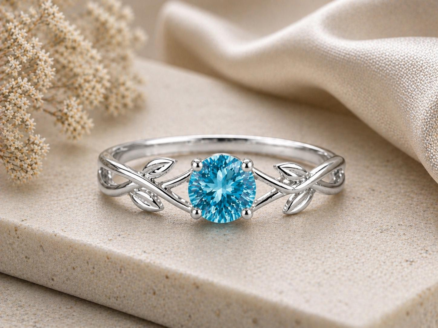 925 Sterling Silver Swiss Blue Topaz Vine Leaf Ring, Nature Inspired Minimalist Gift