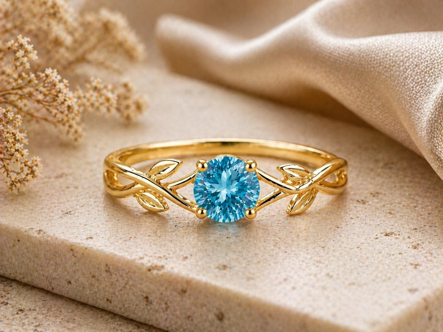 925 Sterling Silver Swiss Blue Topaz Vine Leaf Ring, Nature Inspired Minimalist Gift