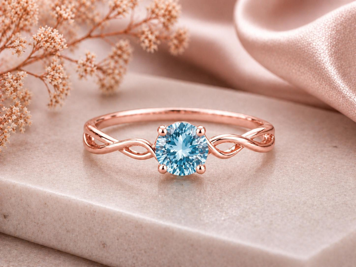 Swiss Blue Topaz Ring, 925 Sterling Silver, Infinity Twist Band, Round Cut Solitaire