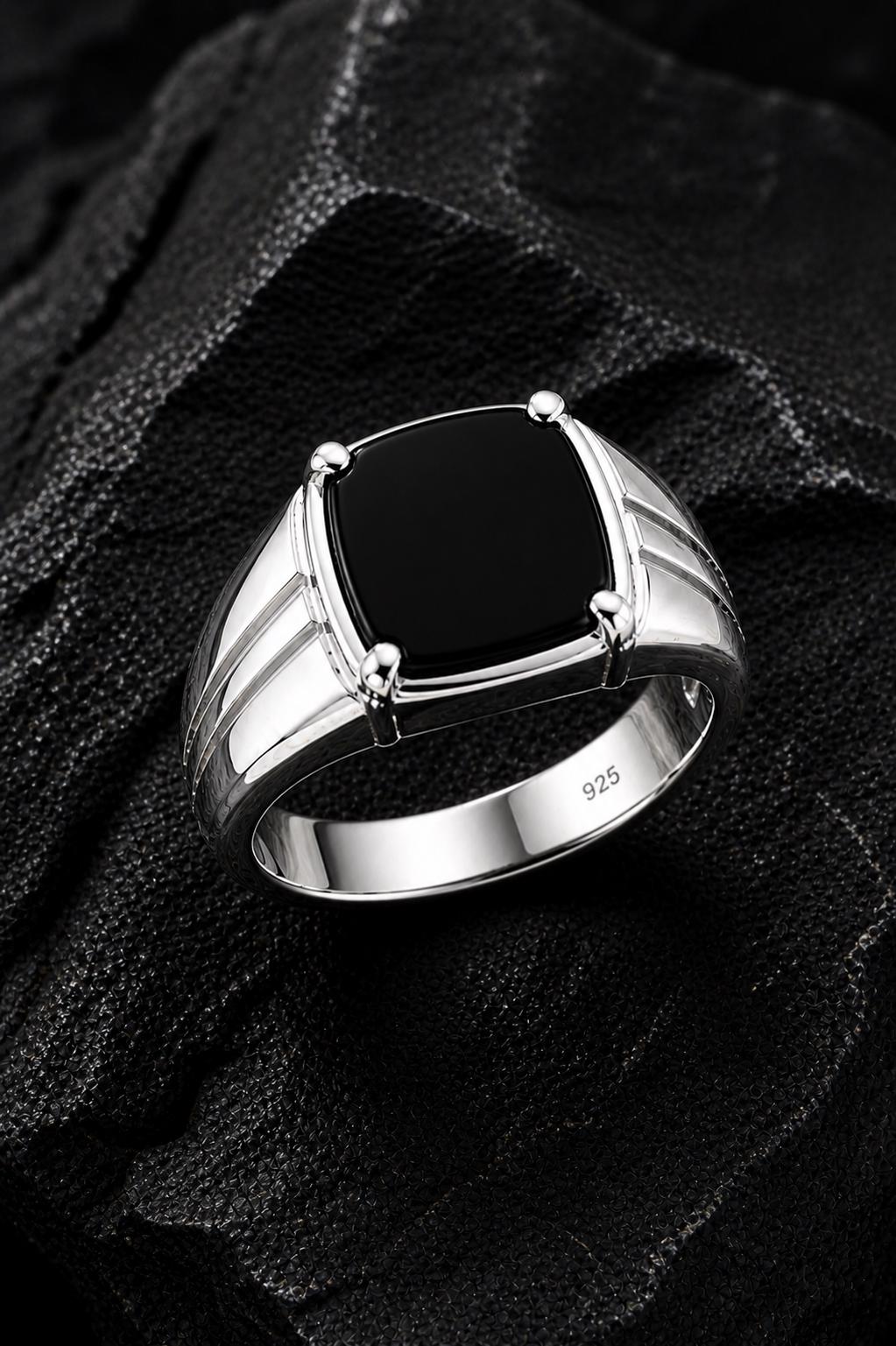 Black Onyx Cushion Cut Signet Ring, 925 Sterling Silver Statement Ring Him